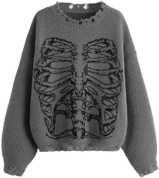 トップス Bone sweater by sojie M Unisex Long Sleeve Sweater Harajuku Skeleton Bone Print Ripped